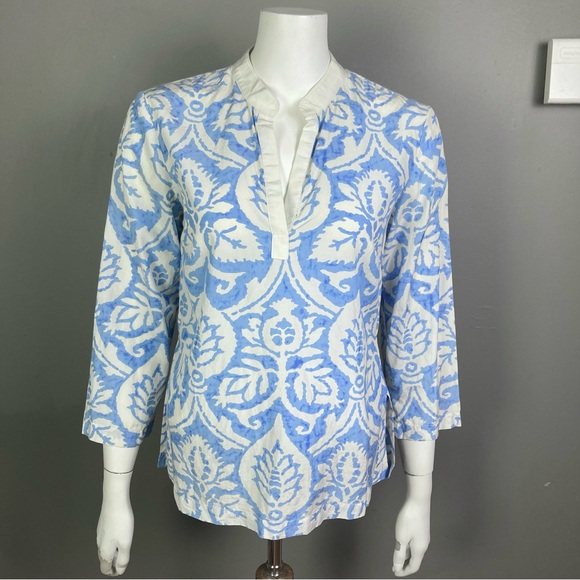 J. McLaughlin top blouse size 4 pullover blue white collar tapestry coastal - Picture 1 of 8